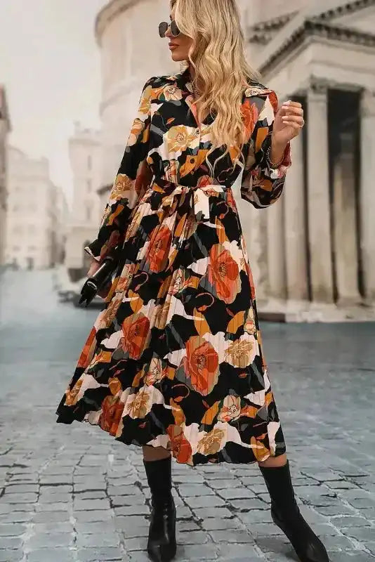 Orange Floral Tie Neck Long Sleeve Midi Dress