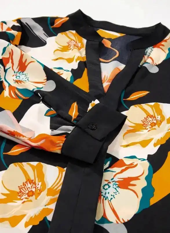 Orange Floral Tie Neck Long Sleeve Midi Dress