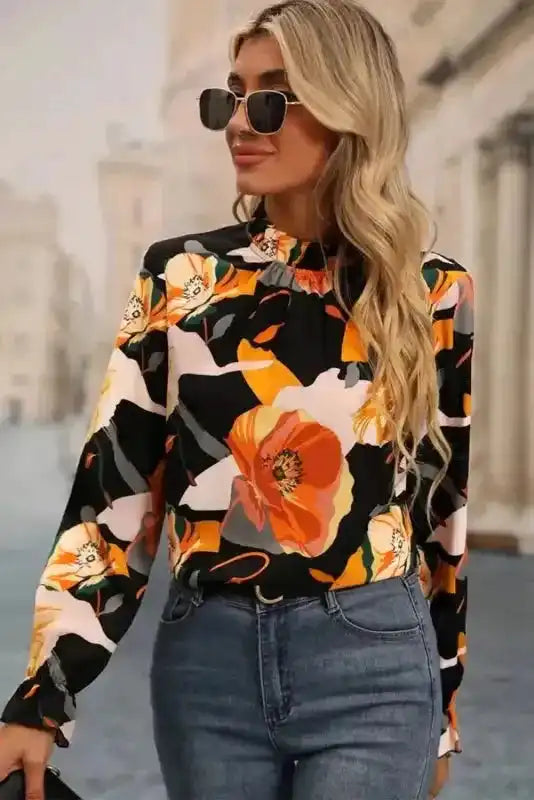 Orange Floral Tie Neck Long Sleeve Midi Dress