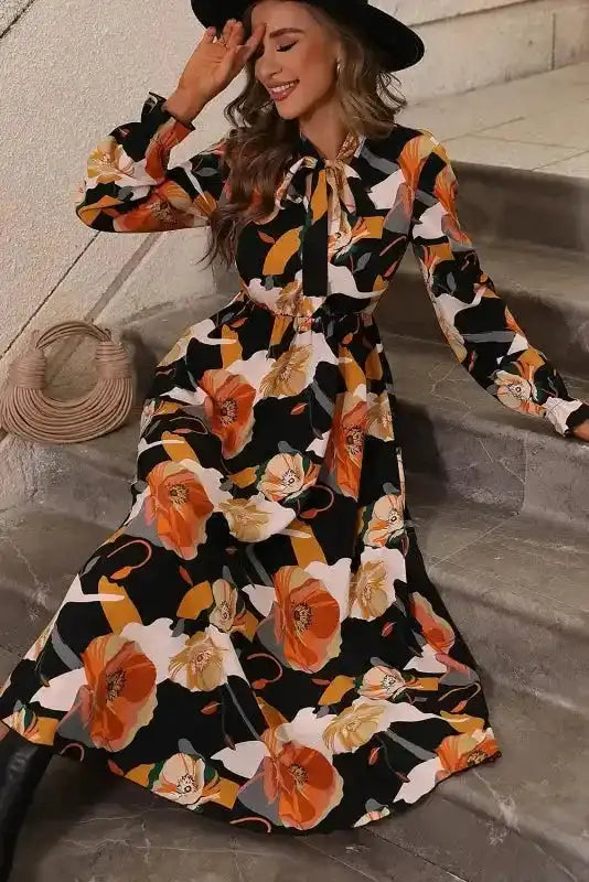 Orange Floral Tie Neck Long Sleeve Midi Dress
