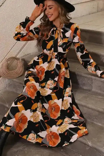Elegant Orange Floral Long Sleeve Dress with Tie Neck