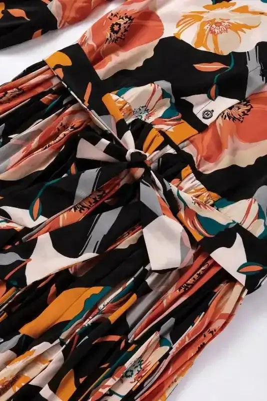 Orange Floral Tie Neck Long Sleeve Midi Dress