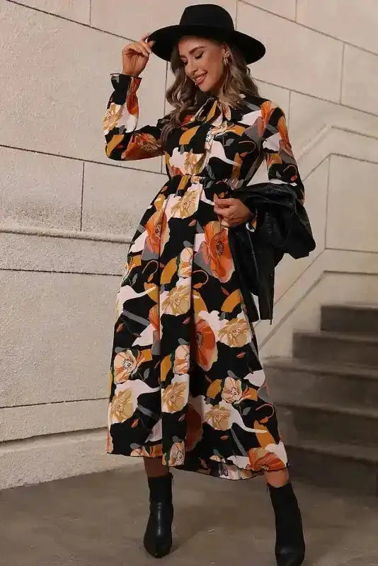 Orange Floral Tie Neck Long Sleeve Midi Dress