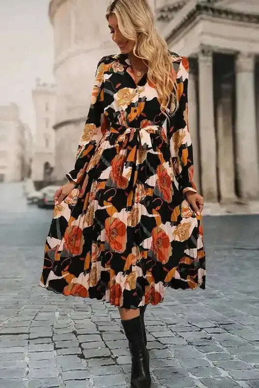 Orange Floral Tie Neck Long Sleeve Midi Dress
