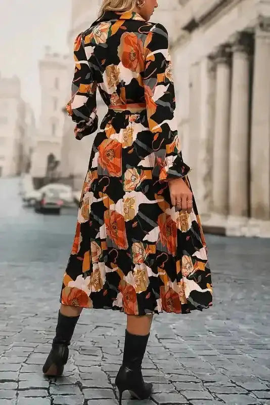 Orange Floral Tie Neck Long Sleeve Midi Dress
