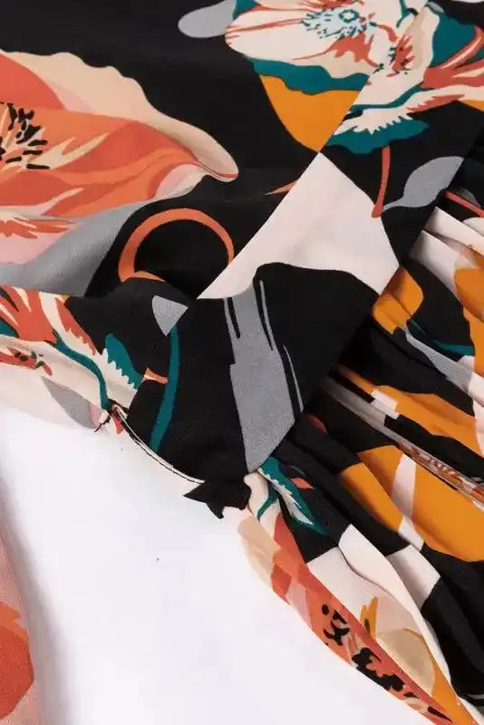 Orange Floral Tie Neck Long Sleeve Midi Dress