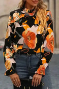 Orange Floral Tie Neck Long Sleeve Midi Dress