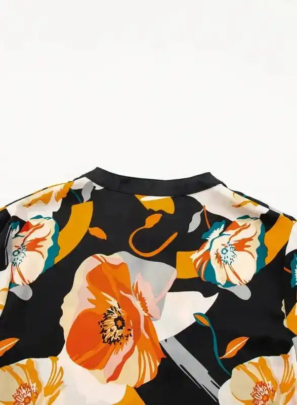 Orange Floral Tie Neck Long Sleeve Midi Dress