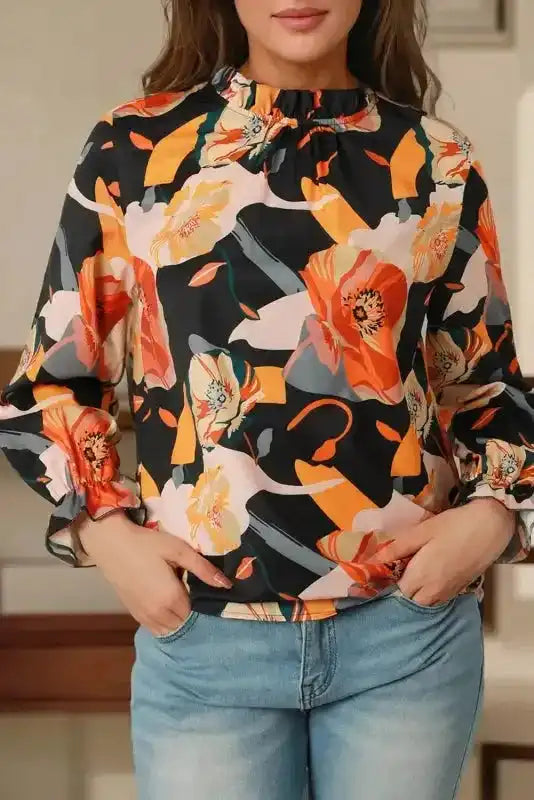 Orange Floral Tie Neck Long Sleeve Midi Dress