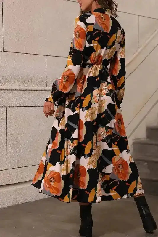 Orange Floral Tie Neck Long Sleeve Midi Dress