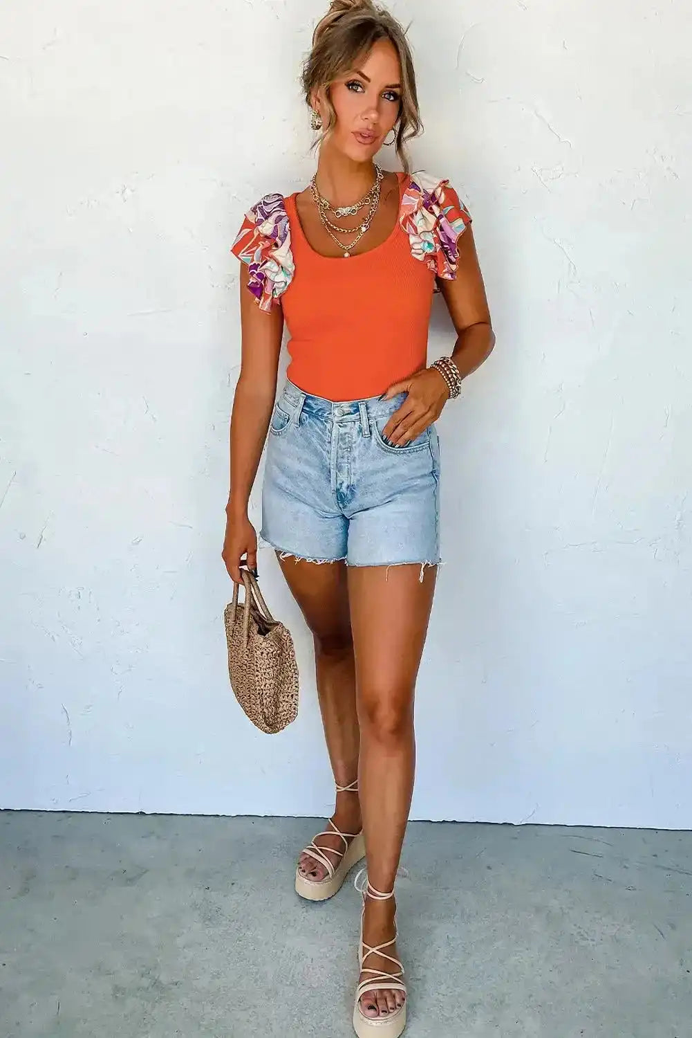 Orange Ribbed Knit Bodysuit – Ruffled Sleeves