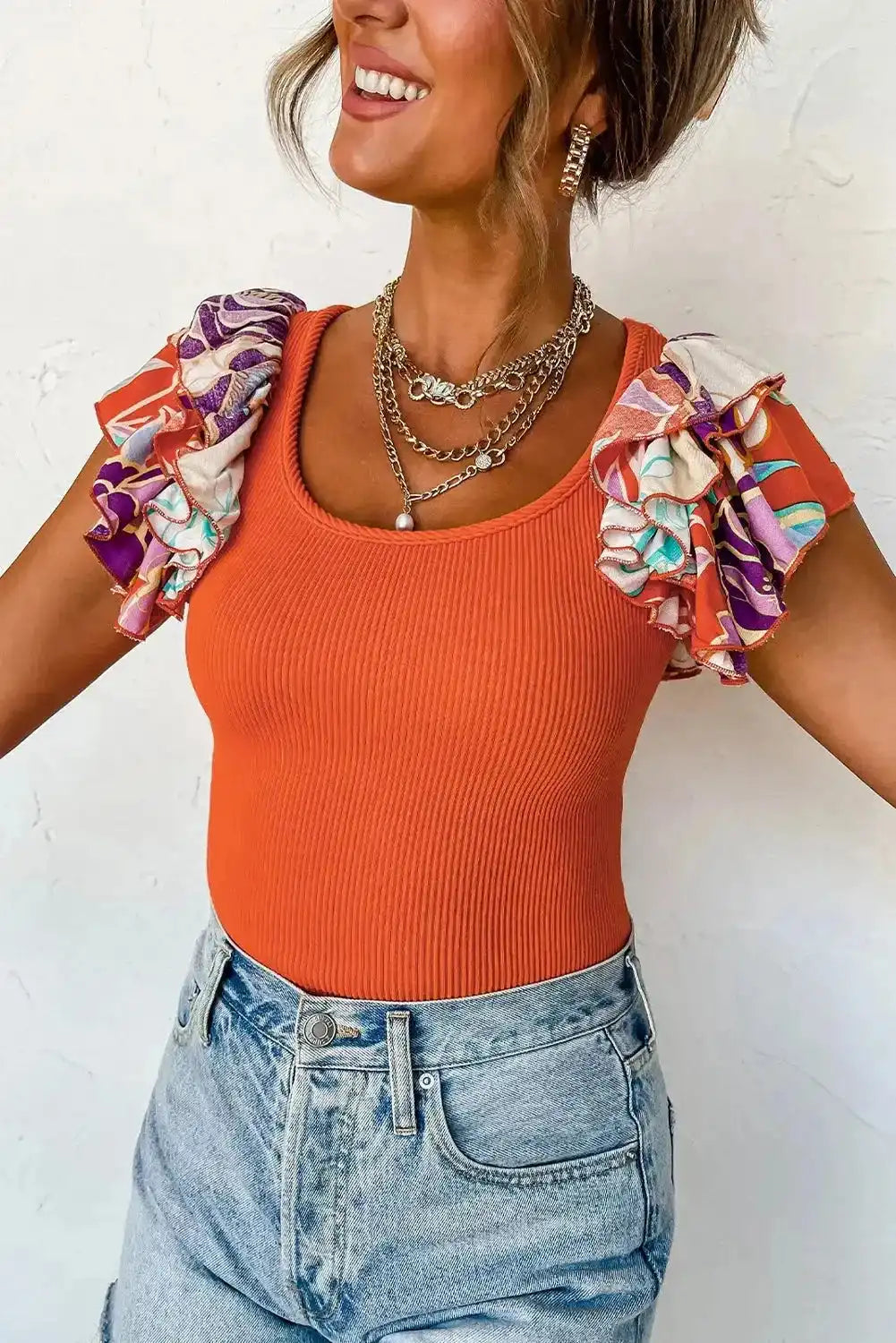 Orange Ribbed Knit Bodysuit – Ruffled Sleeves