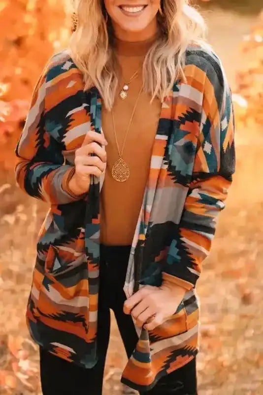 Western Aztec Knit Open Front Cardigan Women UK