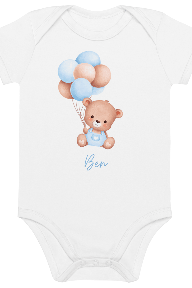 Personalised Name Bear Blue Baloon Bodysuit