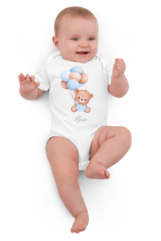 Personalised Name Bear Blue Baloon Bodysuit