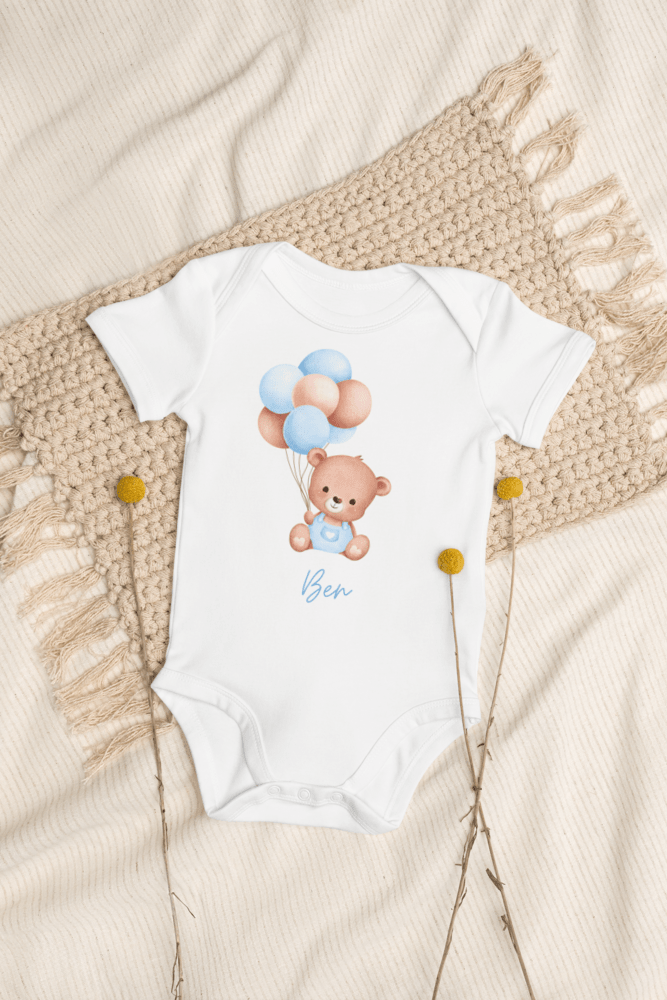 Personalised Name Bear Blue Baloon Bodysuit