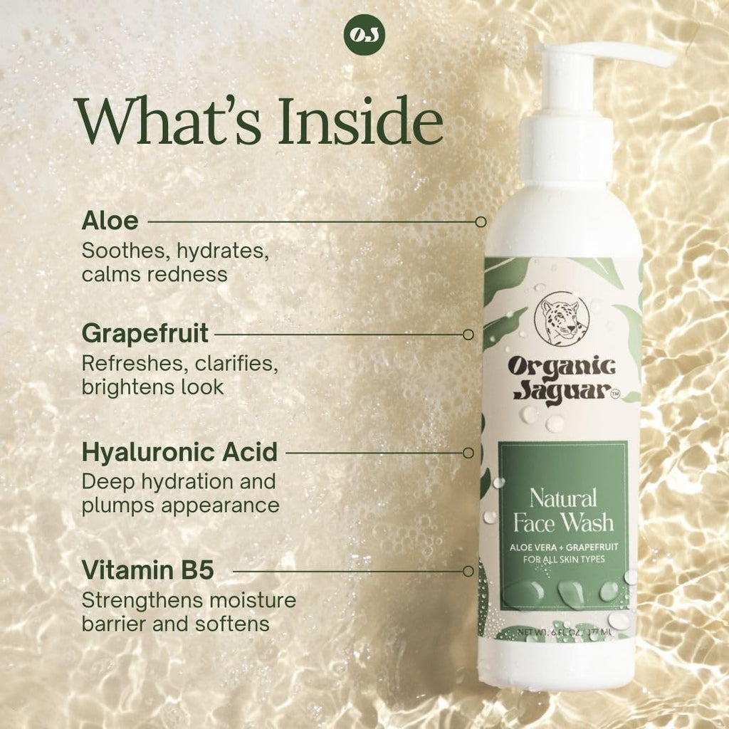 Organic Jaguar Aloe Vera & Grapefruit Face Wash with Hyaluronic Acid – Hydrating Pore Cleanser (6 fl oz)