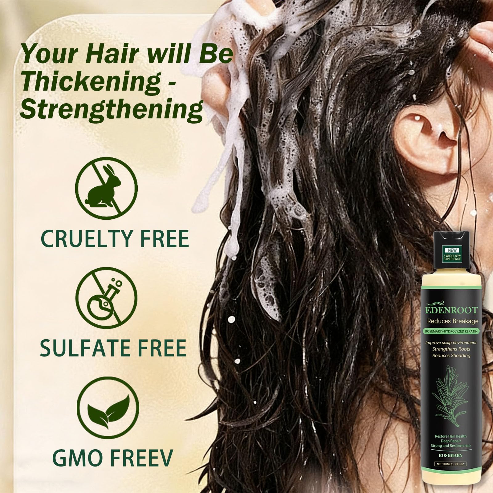 Organic Rosemary Hair Growth Shampoo with Hydrolyzed Keratin – Sulfate-Free Thickening (1 bottle)