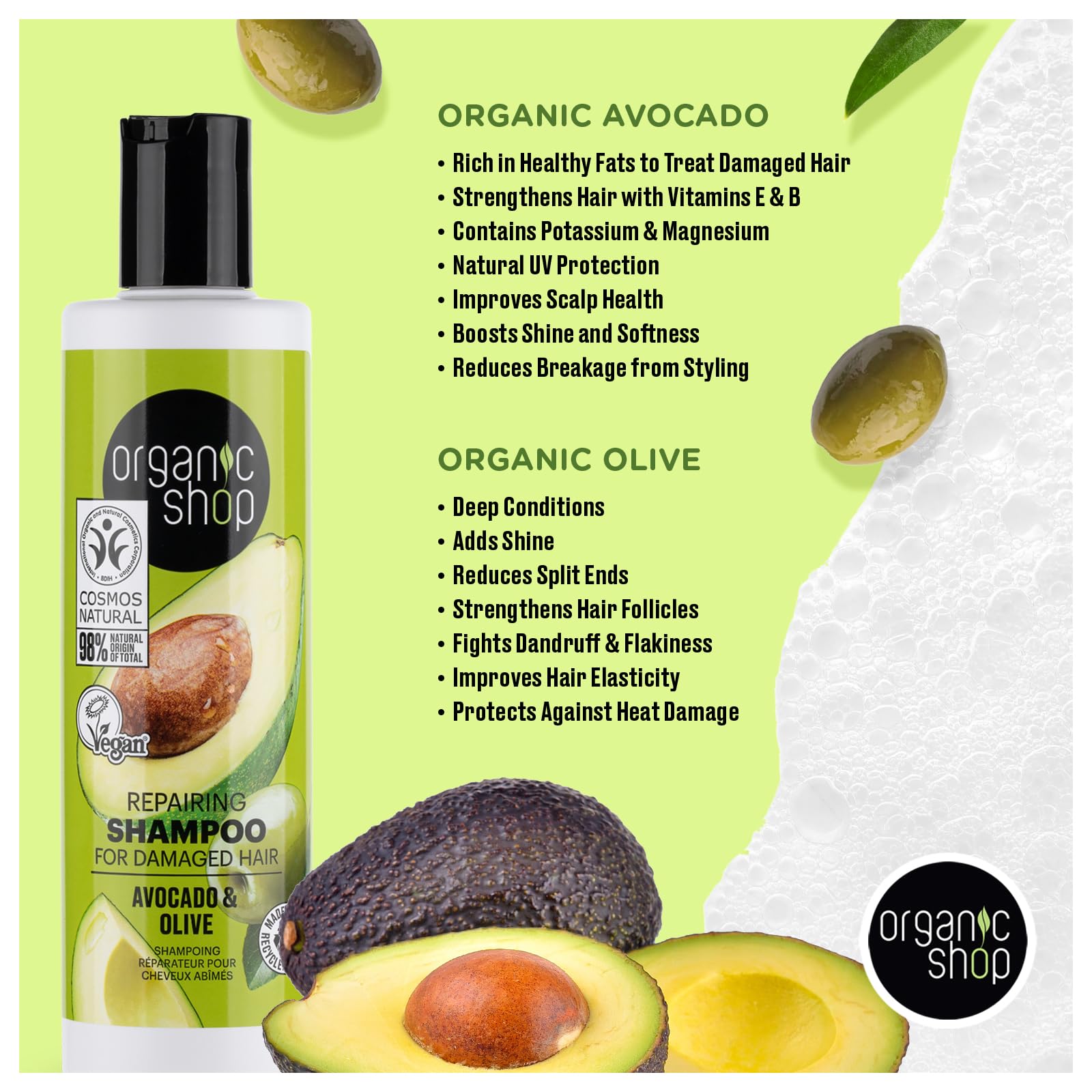 Organic Shop Avocado Repairing Shampoo & Conditioner – Hydrate Dry Hair, Vegan, Paraben & Sulfate Free, COSMOS Natural (Pack of 2)