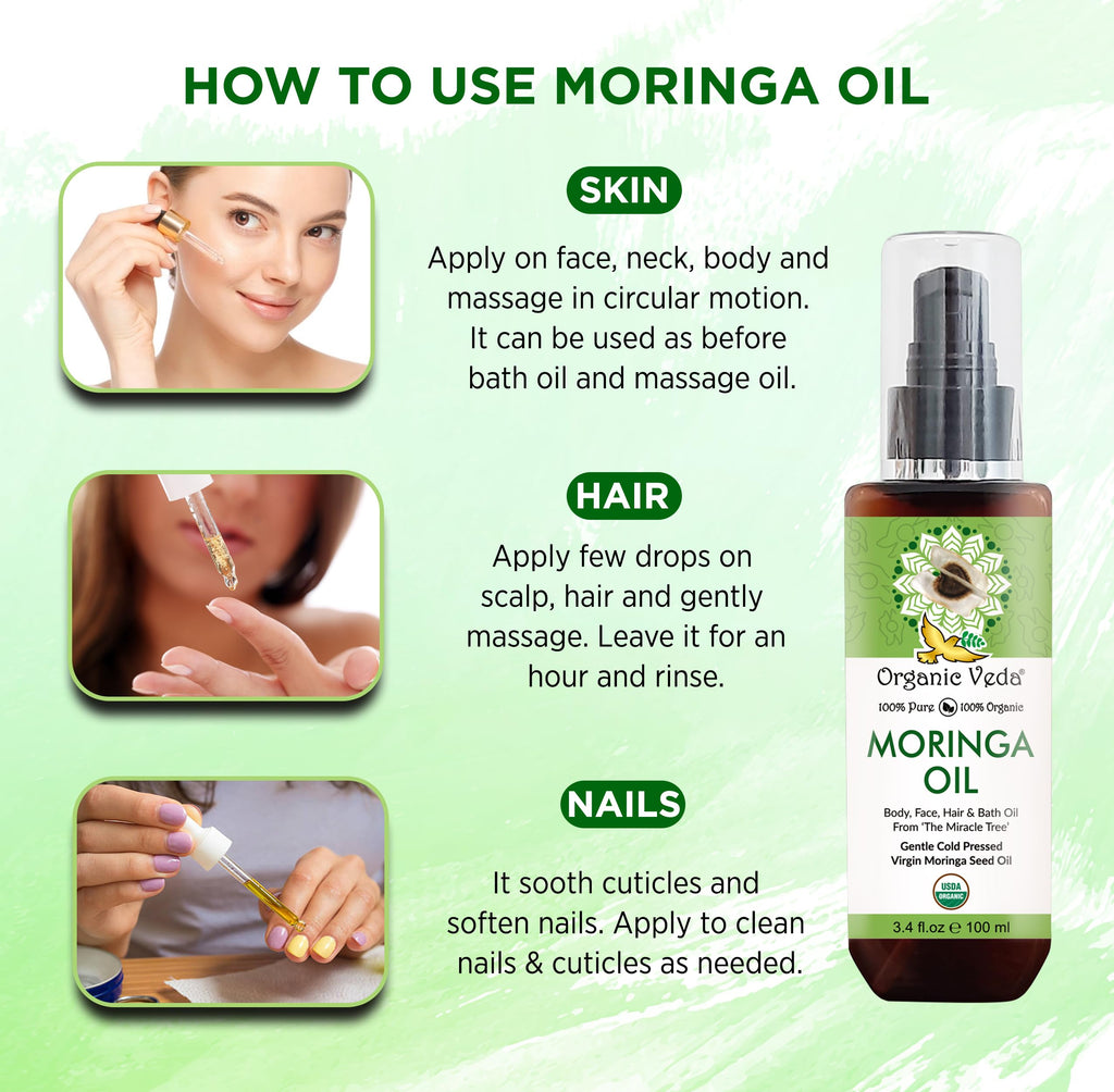 Organic Veda Moringa Oil Virgin 100% Pure & USDA Organic - Multi-Purpose Oil for Face, Hair, Skin