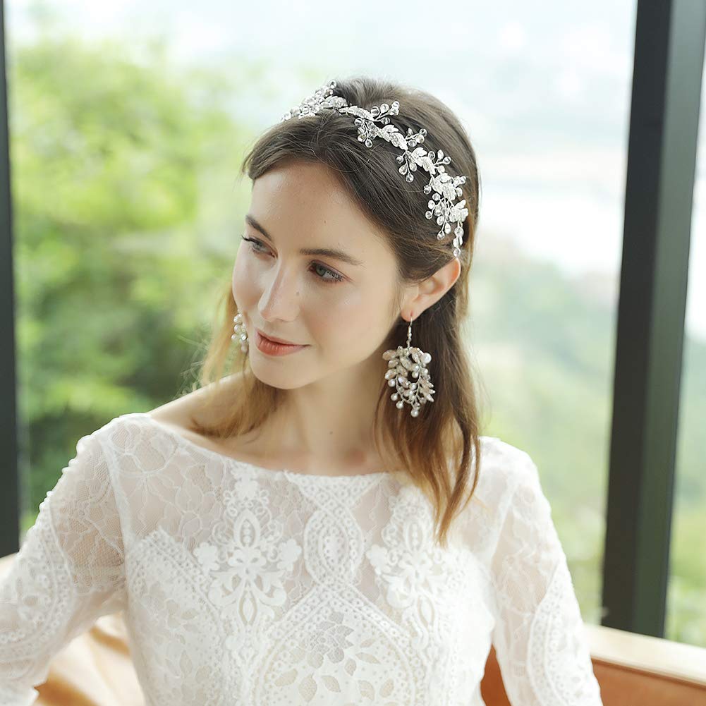Oriamour Crystal Bridal Headband - Leaves Design, Silver, 12.6 Inches | Wedding Headpiece