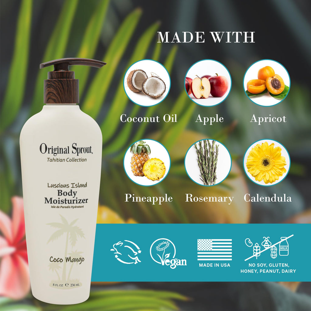 Original Sprout Luscious Island Body Moisturizer – Fast-Absorbing Coconut Mango Lotion, Vegan & Sulfate-Free, 8 fl oz