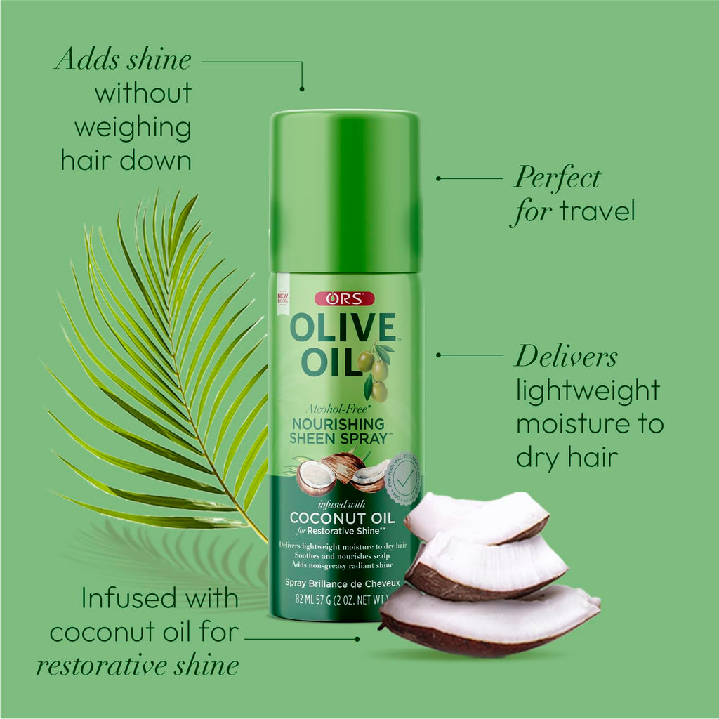 ORS Olive Oil Nourishing Sheen Spray with Coconut Oil – Restorative Shine, Travel Size (Pack of 2)