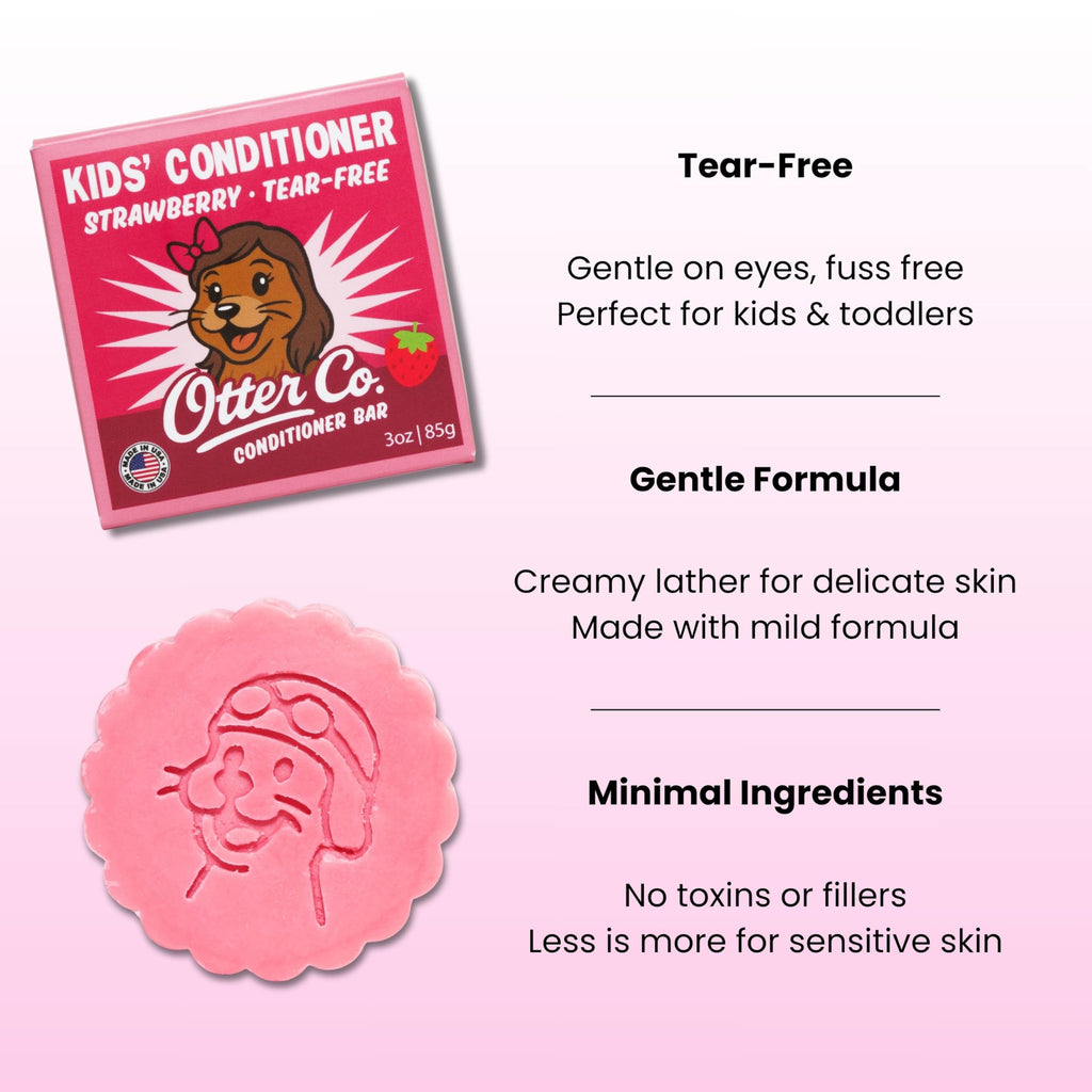 Otter Co Kids Strawberry Conditioner Bar – Tear-Free, Organic, Sulfate-Free for Sensitive Hair | USA Made