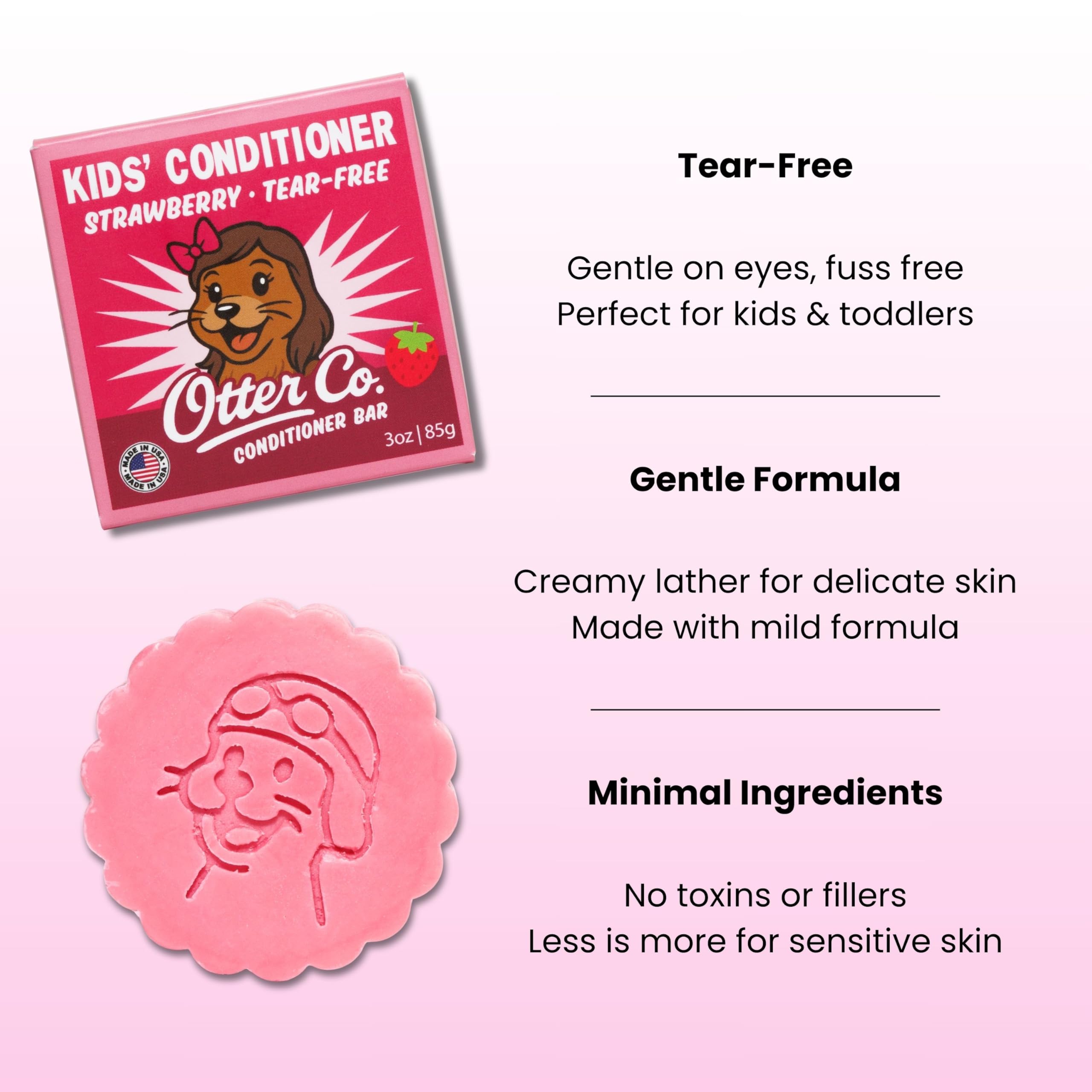 Otter Co Kids Strawberry Conditioner Bar – Tear-Free, Organic, Sulfate-Free for Sensitive Hair | USA Made