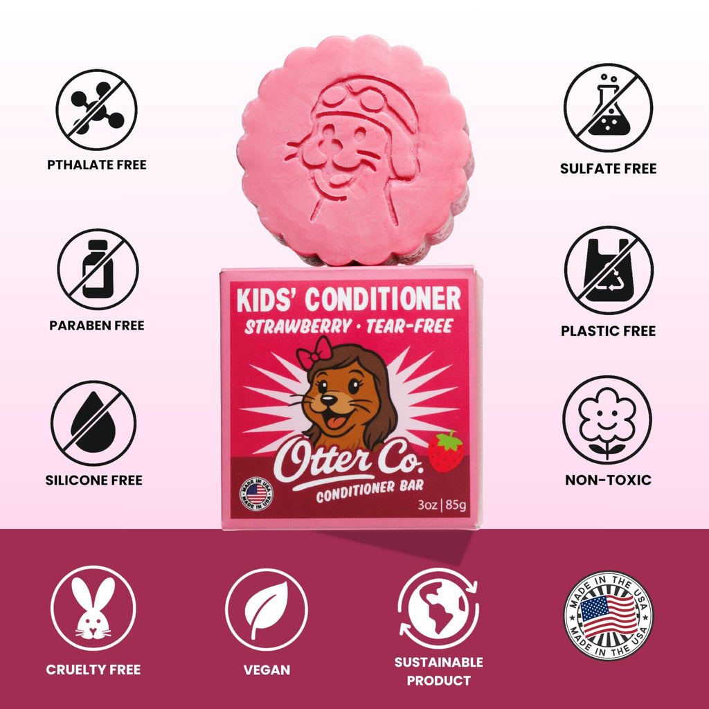 Otter Co Kids Strawberry Conditioner Bar – Tear-Free, Organic, Sulfate-Free for Sensitive Hair | USA Made