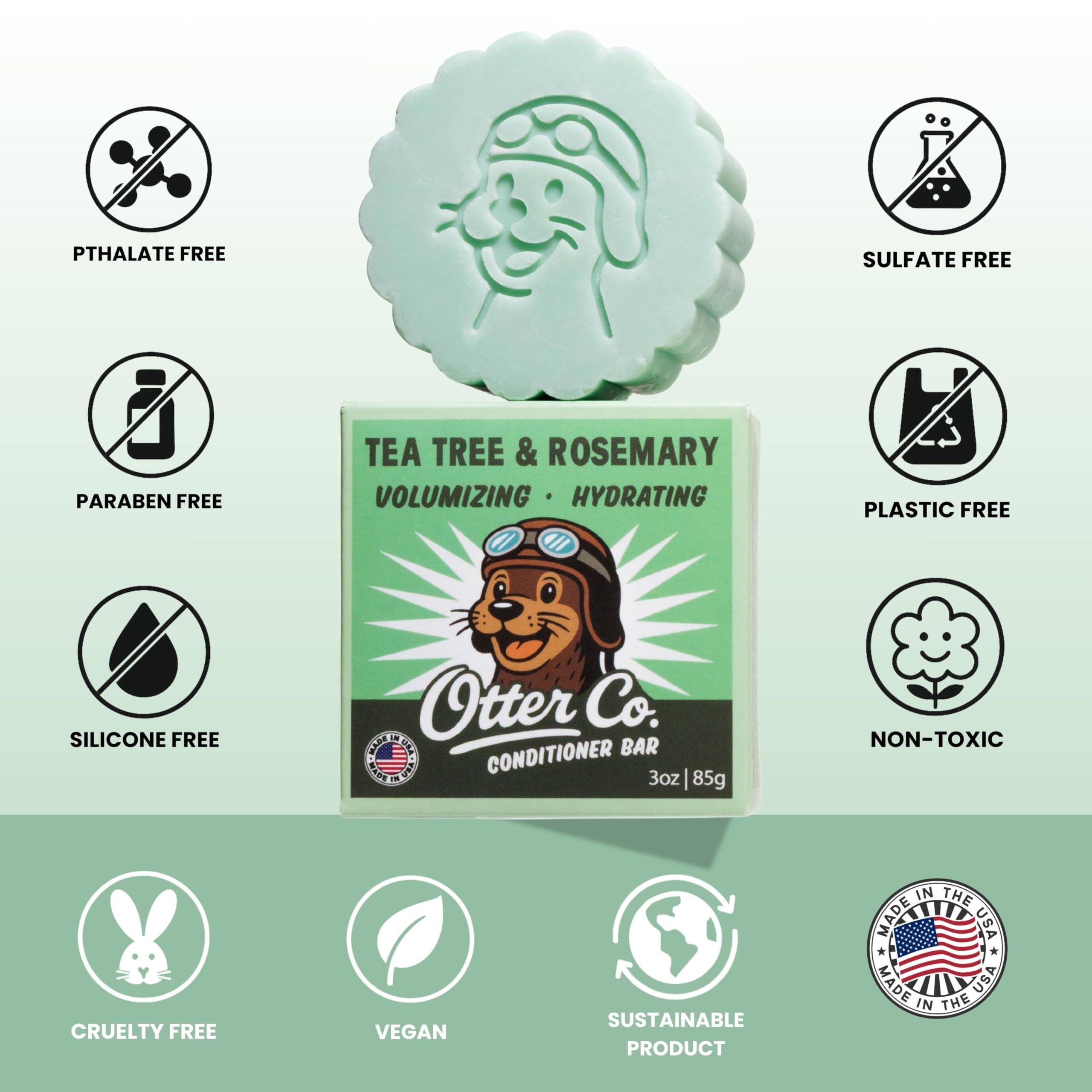 Otter Co Tea Tree & Rosemary Volumizing Conditioner Bar - Vegan, Sulfate Free, Non-Toxic, Made in USA