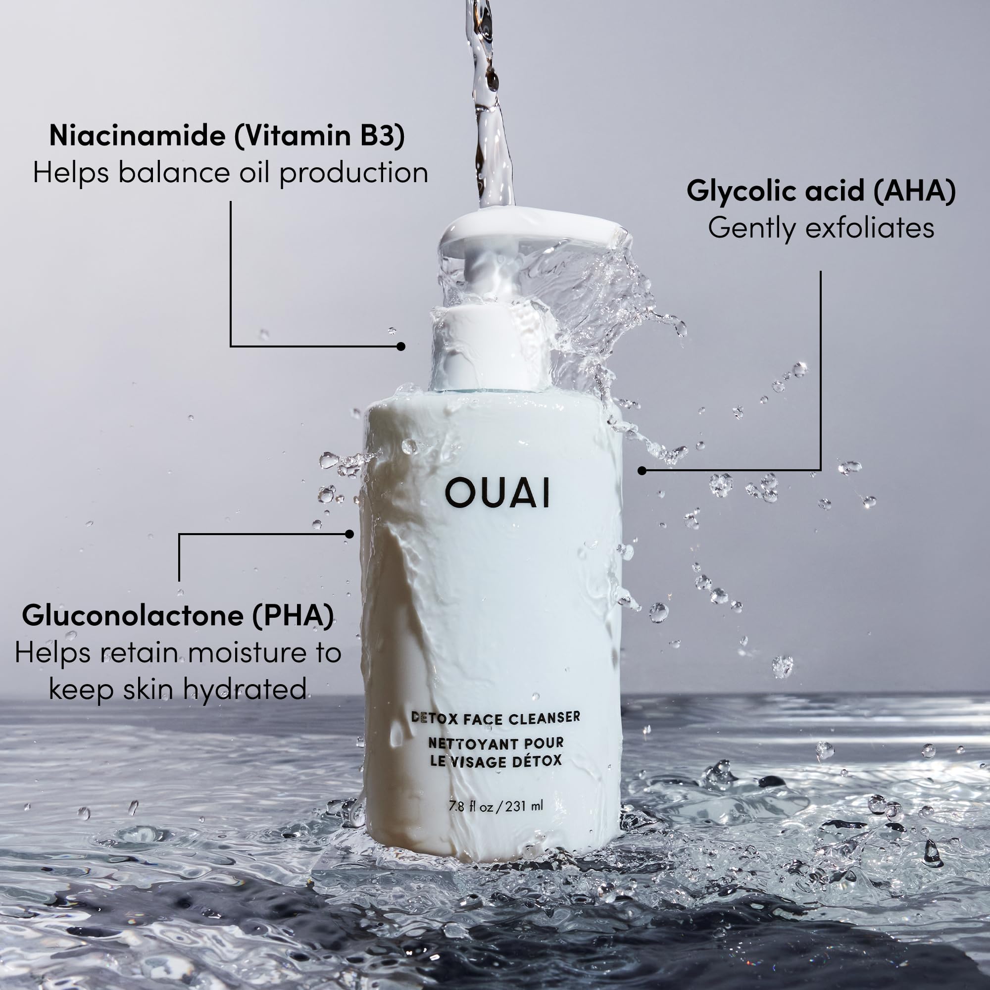 OUAI Detox Facial Cleanser - Deep Cleansing Face Wash with Glycolic Acid, Niacinamide & PHA