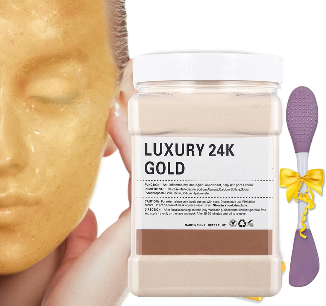 Ouhans 24k Gold Jelly Mask Powder for Facials – Hydrating Peel-Off Rubber Mask with Double-Ended Silicone Brush