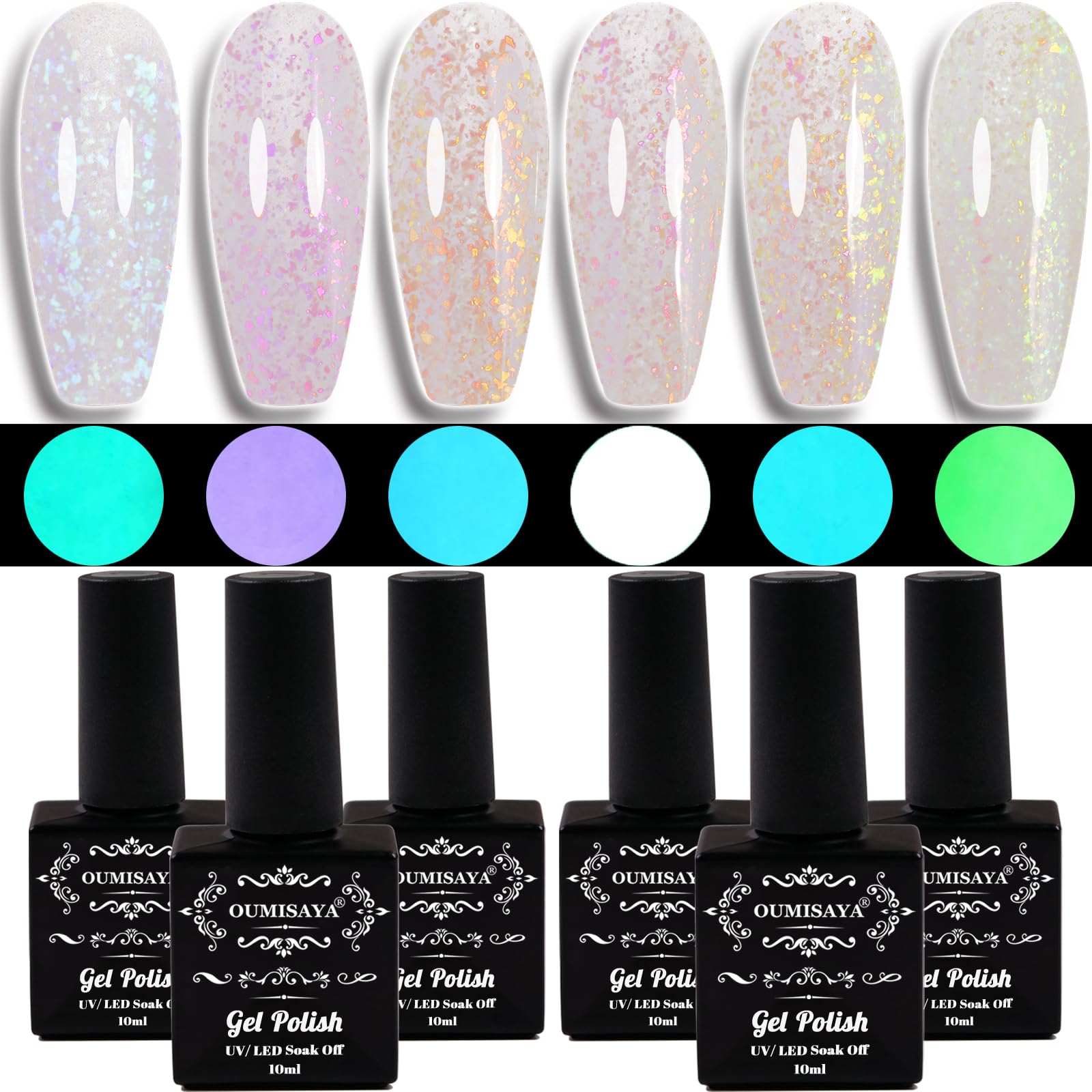 Oumisaya Glow in the Dark Opal Gel Nail Polish Set GP014 | Color-Changing Gel Polish (6 Colors)