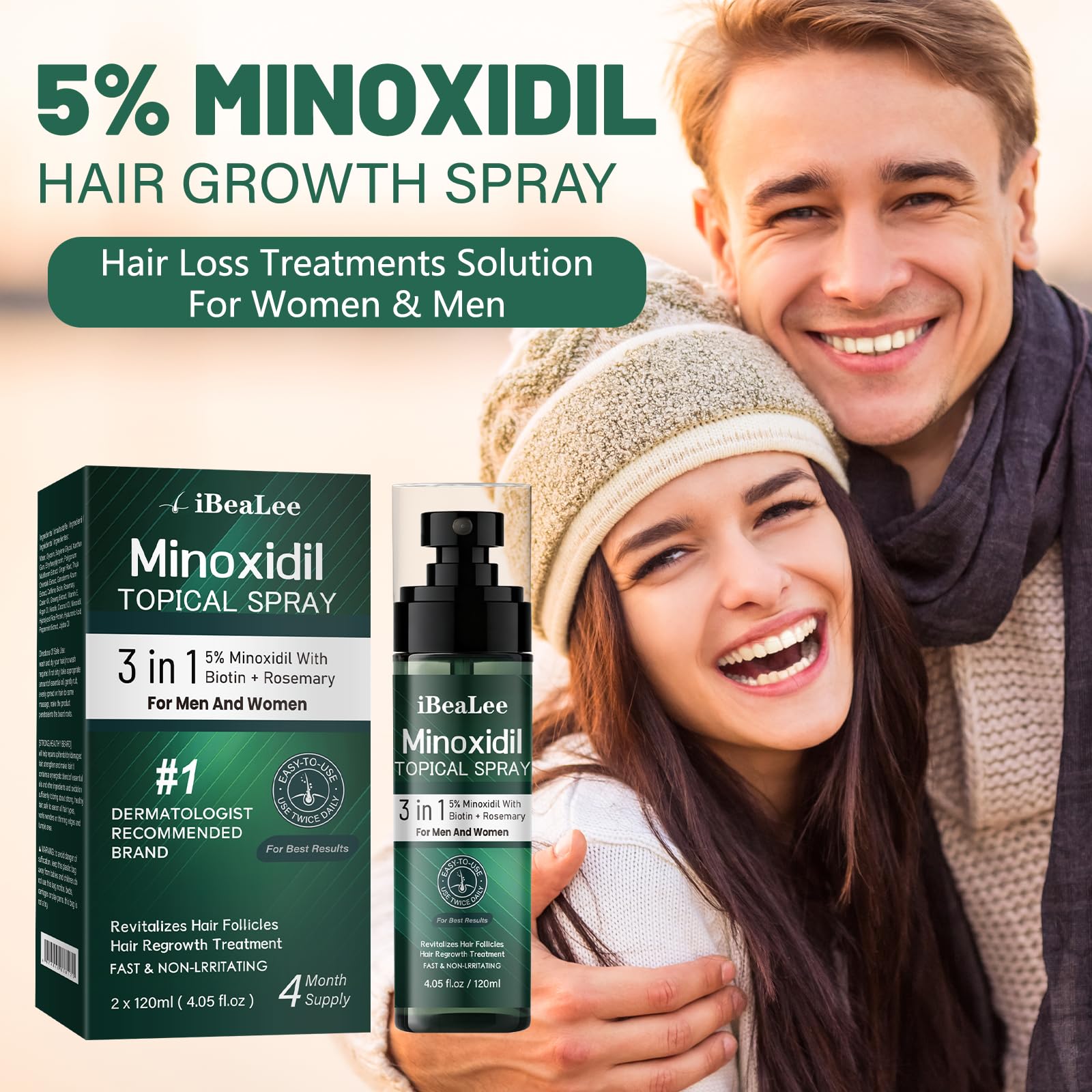 OURMUST 5% Minoxidil Hair Growth Spray for Men & Women – Biotin & Rosemary, 2 Bottles