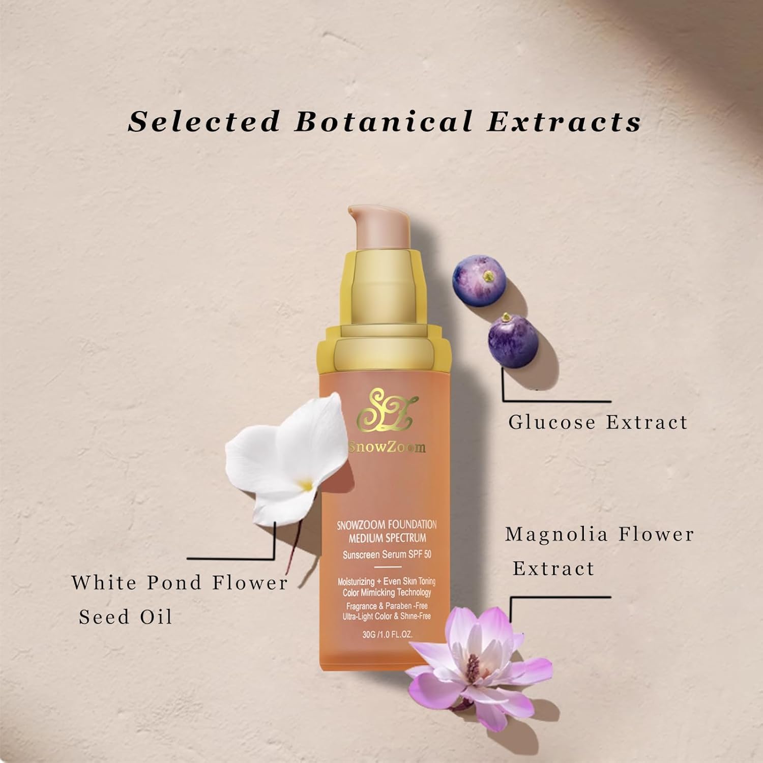 OUSHANG Bio Foundation 4-in-1 Medium Light Spectrum SPF 50+ Hydrating Long-Wear Waterproof (1.2oz)