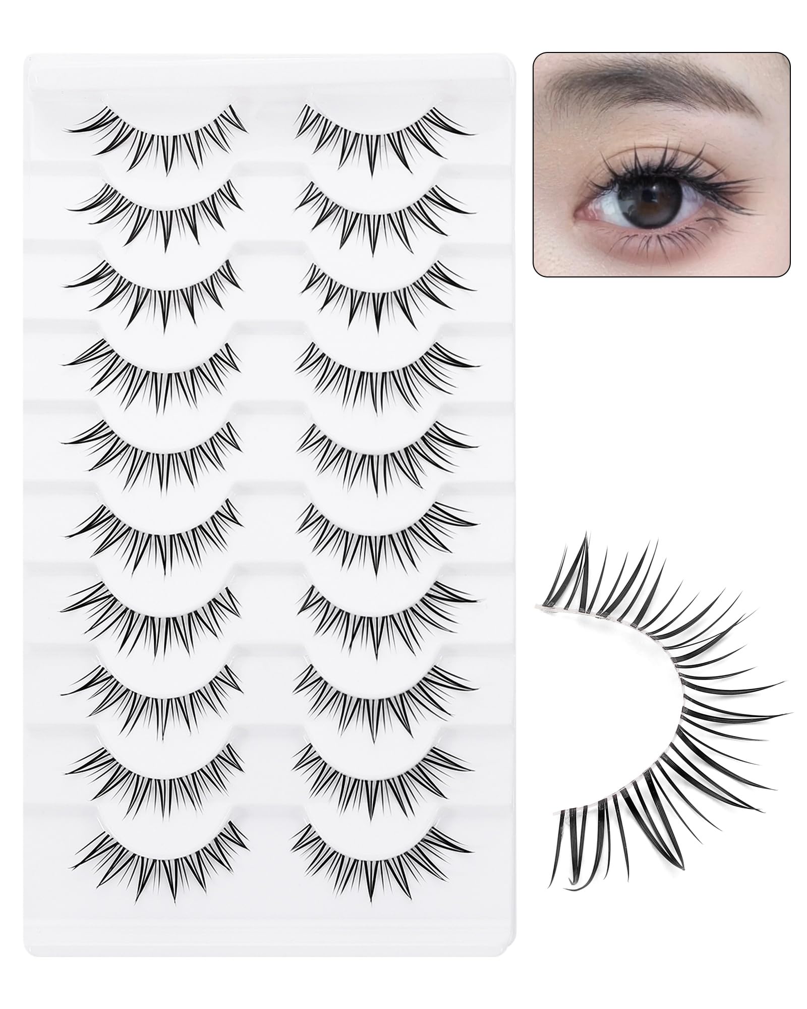 outopen 10 Pairs Fox Eye Manga Lashes – Natural Look, Clear Band, Asian Doll Style