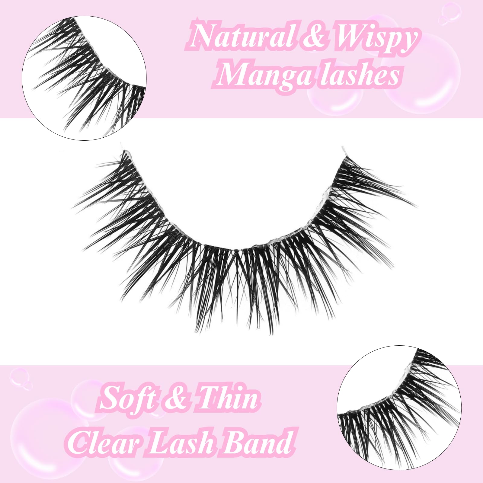 outopen Manga Lashes 10 Pairs – Natural Look, Clear Band, Anime Style Cosplay Lashes