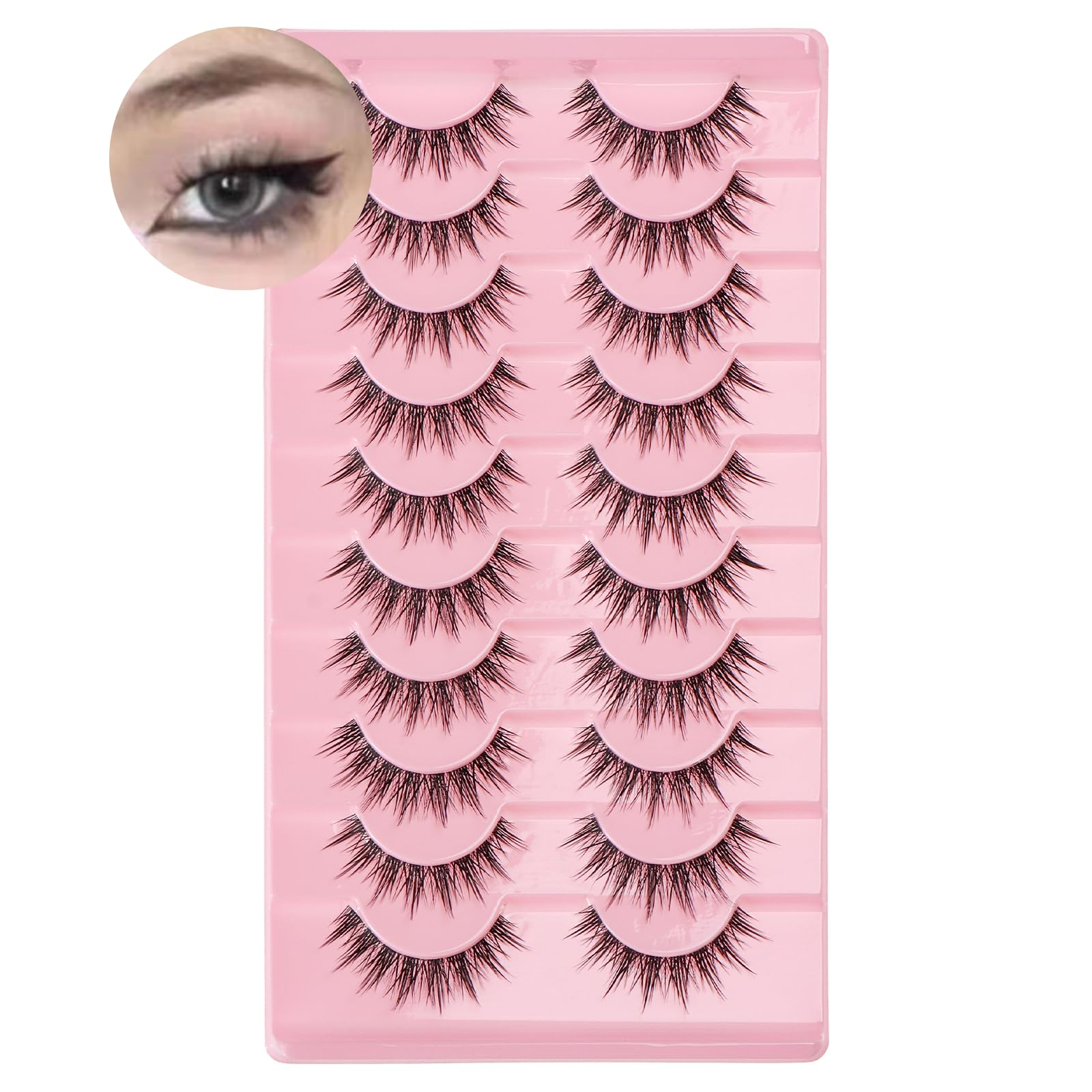 outopen Manga Lashes 10 Pairs – Natural Look, Clear Band, Anime Style Cosplay Lashes