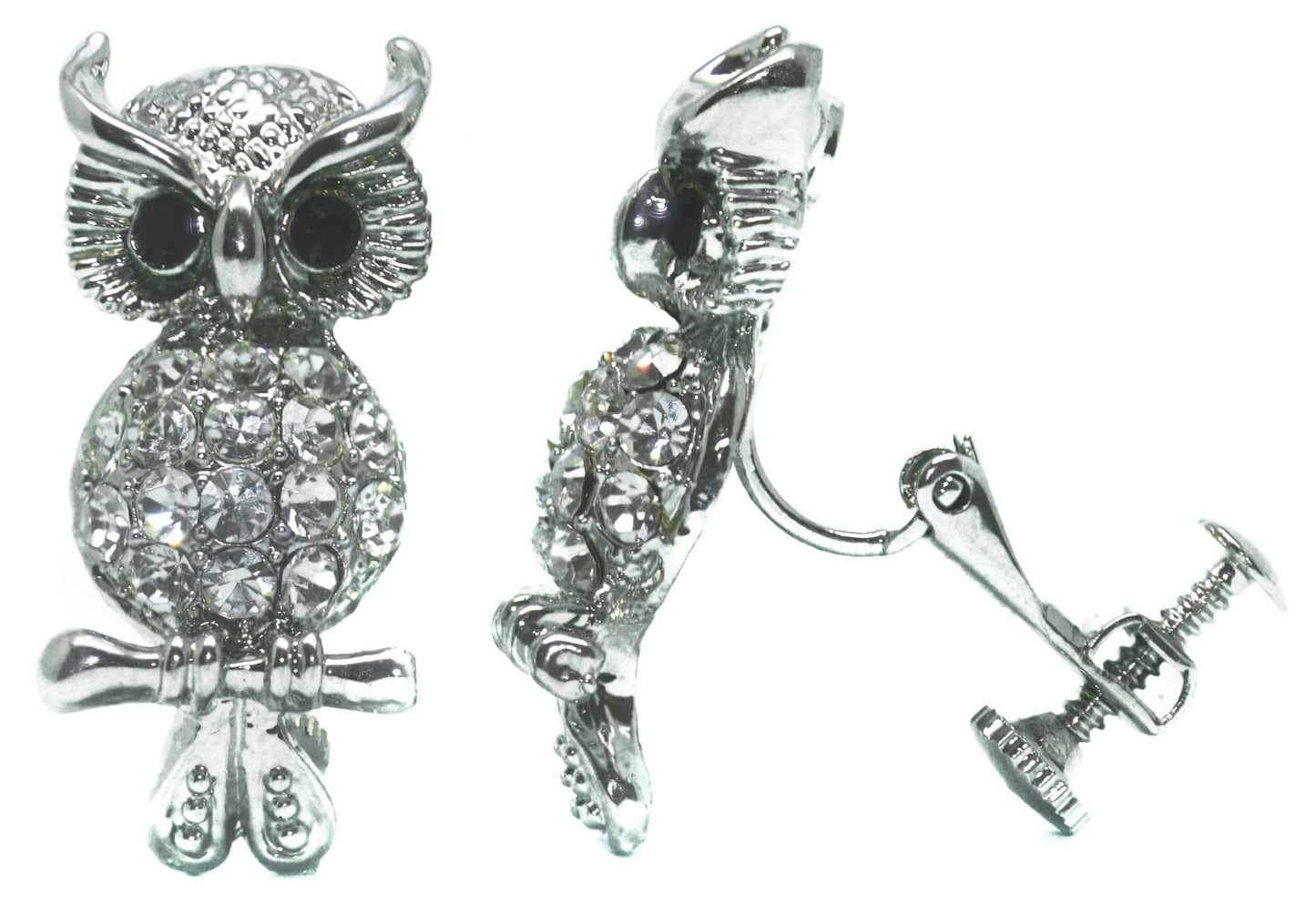 Owl Non-Pierced Crystal Silver Stud Diamante Clip On Earrings CZ Cushion