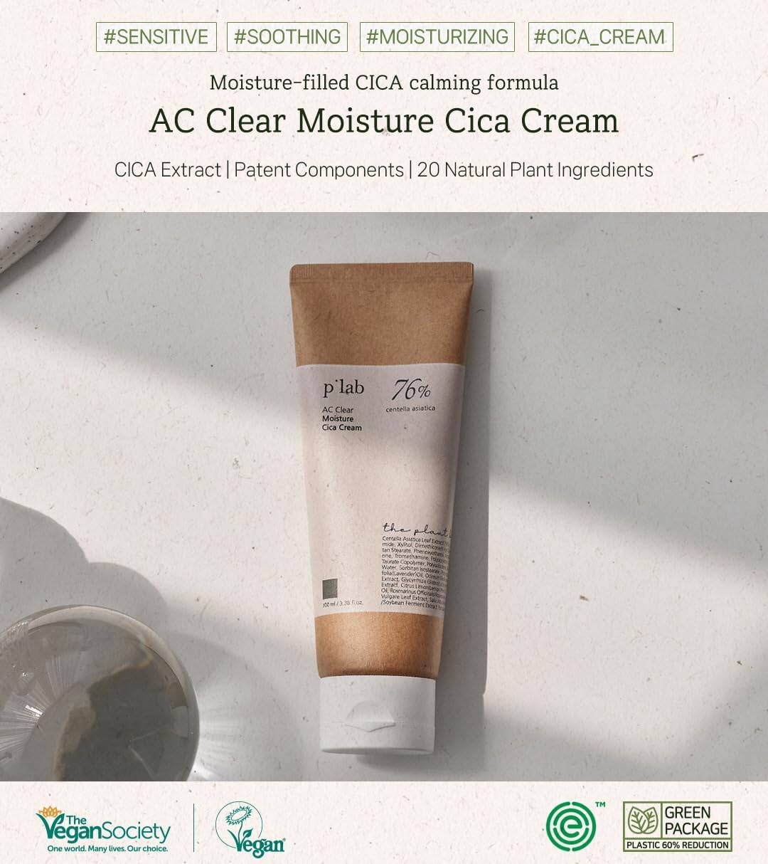 P'LAB Plant Base Cica Distillate Moisture Cream – 73% Centella Leaf Water, 100ml