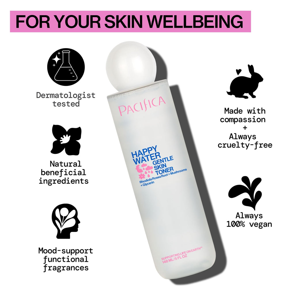 Pacifica Happy Water Hydrating Facial Toner – Vegan Ceramides, Hyaluronic Acid & Electrolytes | Clean Beauty for All Skin Types, 4 oz