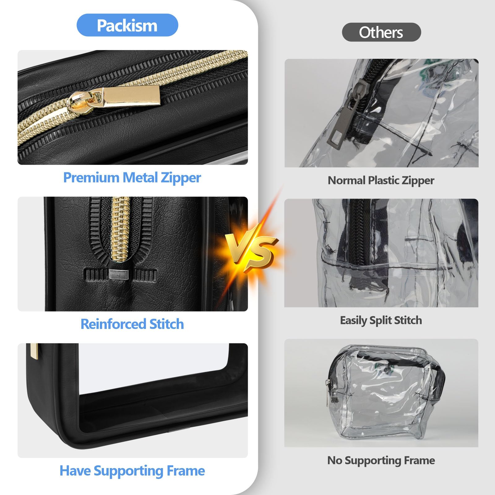 PACKISM Clear Makeup Bag 3 Pack Medium — Foldable TSA-Approved Quart-Size Travel Bags