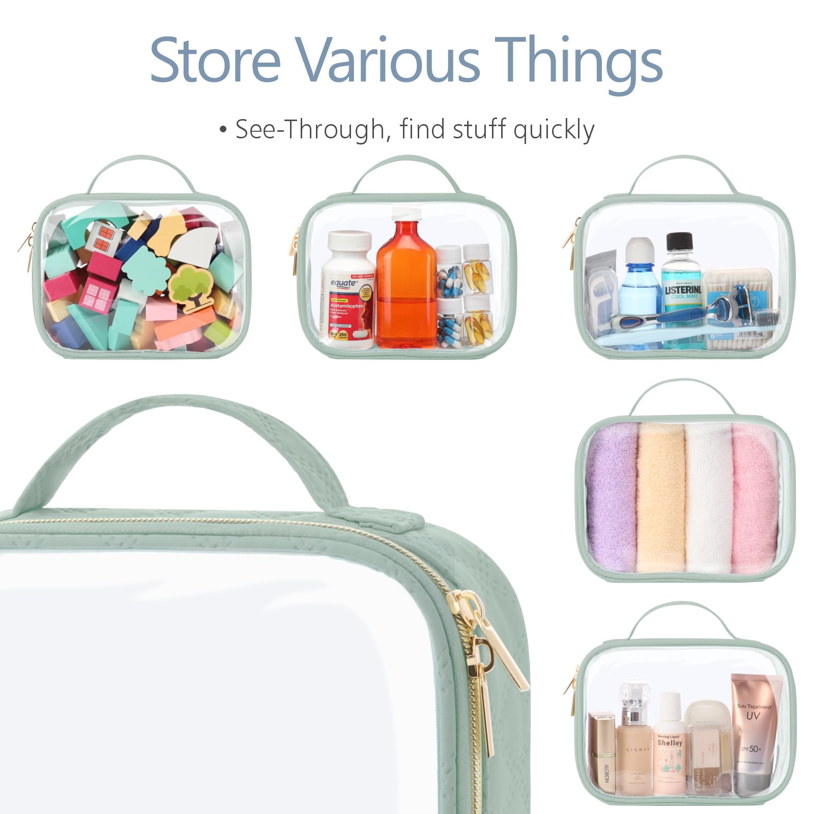 PACKISM TSA Approved Toiletry Bag — 3 Medium Clear Bags, 3-1-1 Compliant, with Handle (Laurel Green)