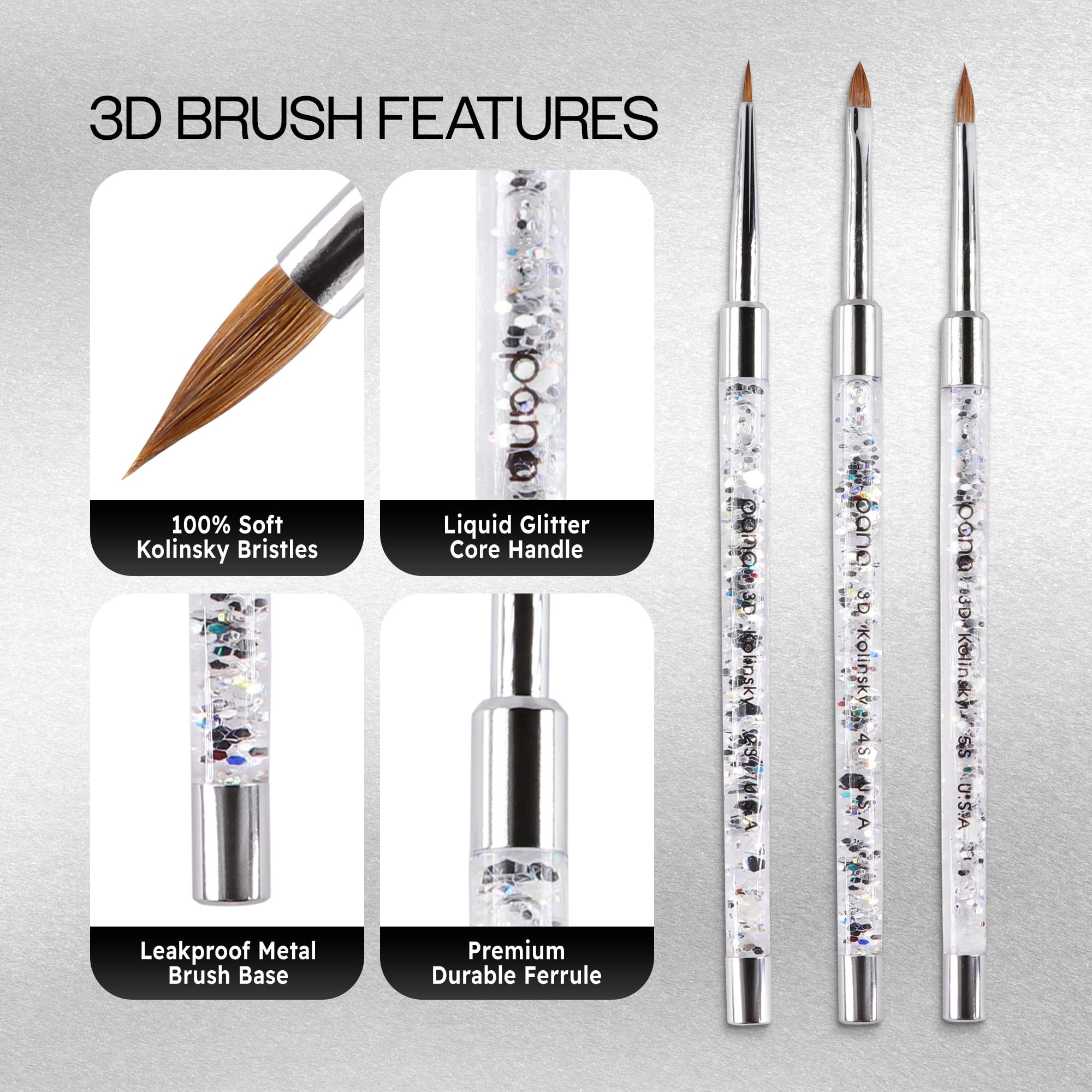 PANA 3D Kolinsky Nail Art Brush - Size 5, Silver Glitter Handle
