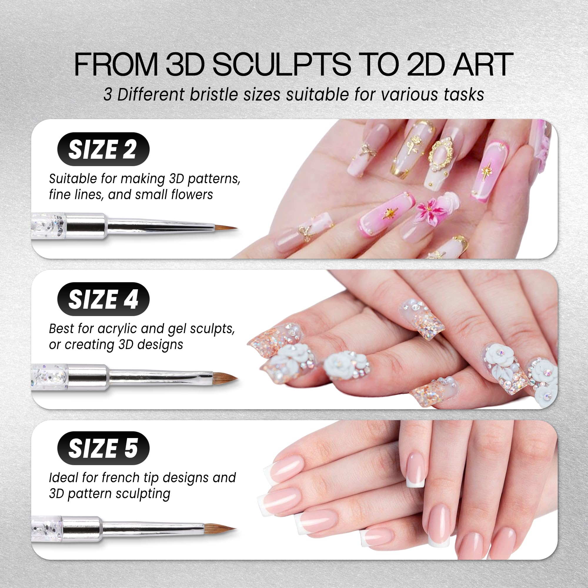 PANA 3D Kolinsky Nail Art Brush - Size 5, Silver Glitter Handle