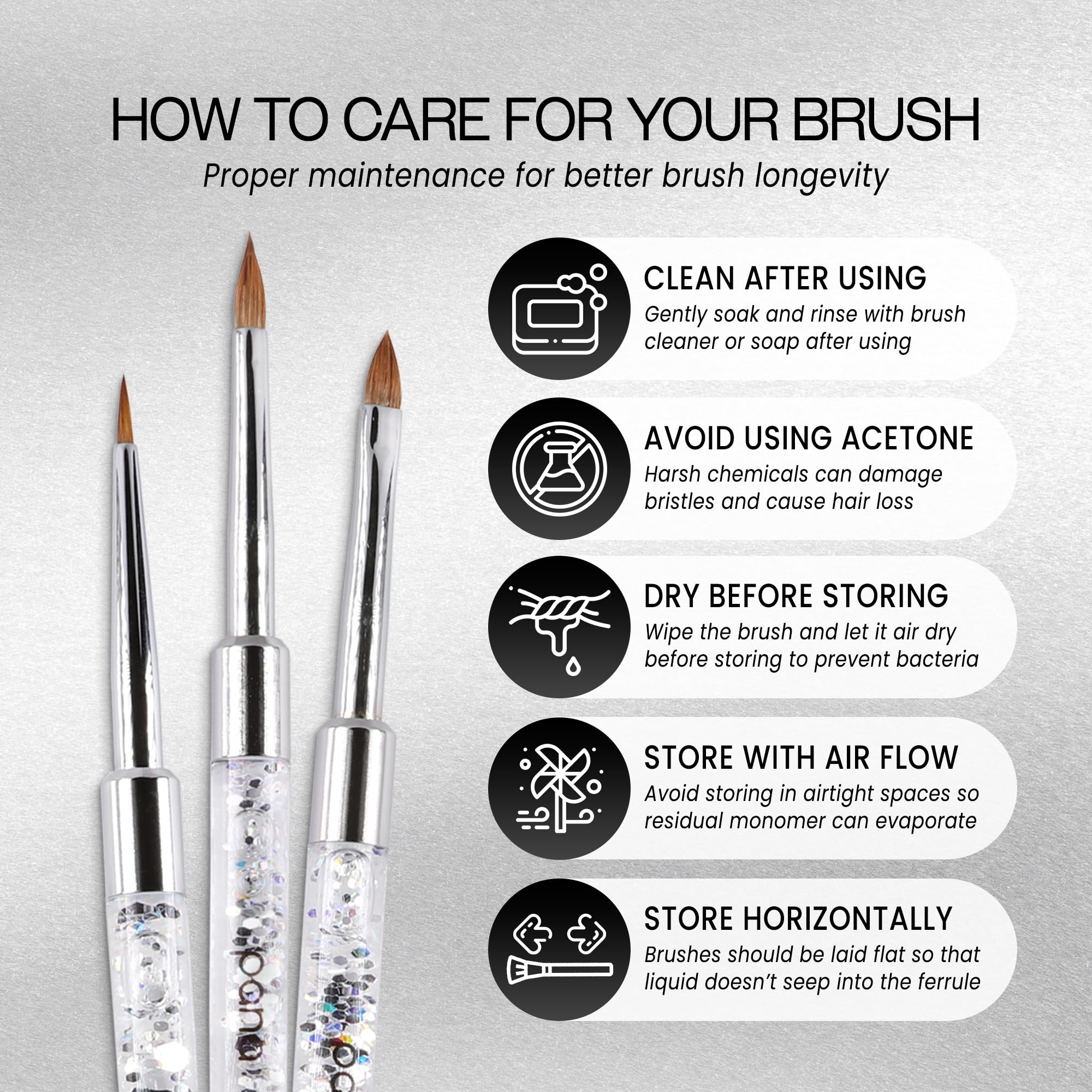 PANA 3D Kolinsky Nail Art Brush - Size 5, Silver Glitter Handle