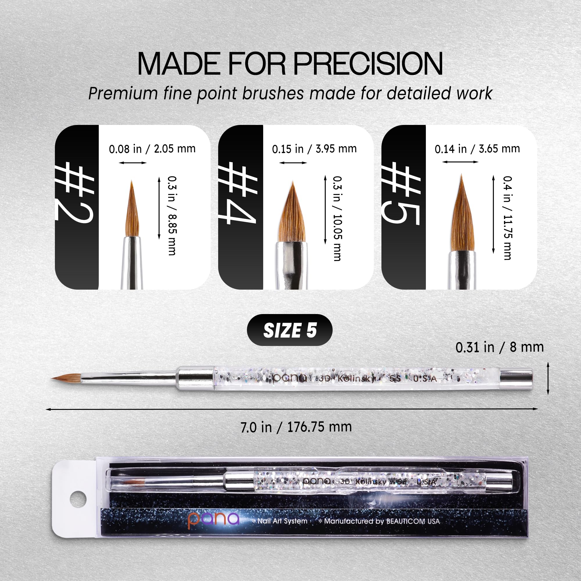 PANA 3D Kolinsky Nail Art Brush - Size 5, Silver Glitter Handle