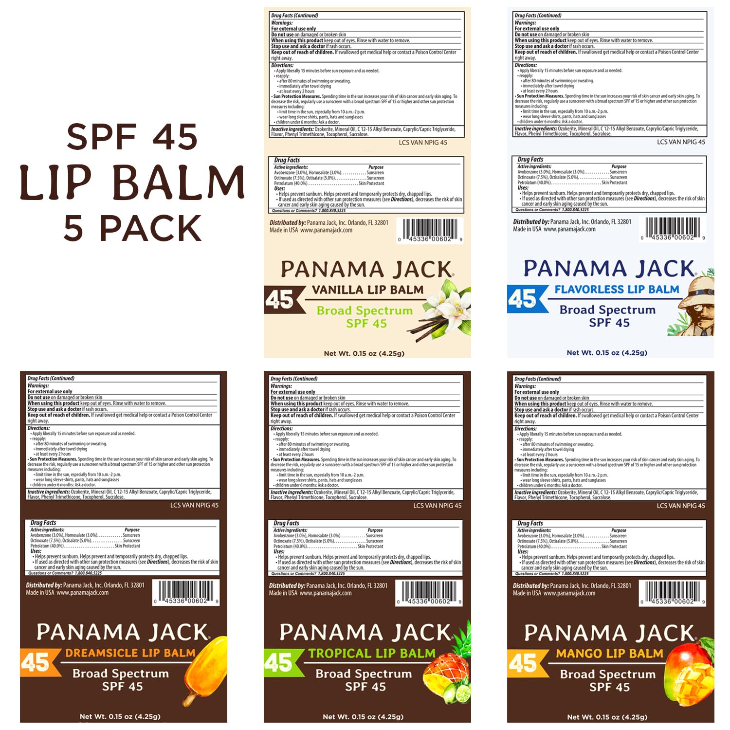 Panama Jack Sunscreen Lip Balm SPF 45 — Four-Flavor Pack