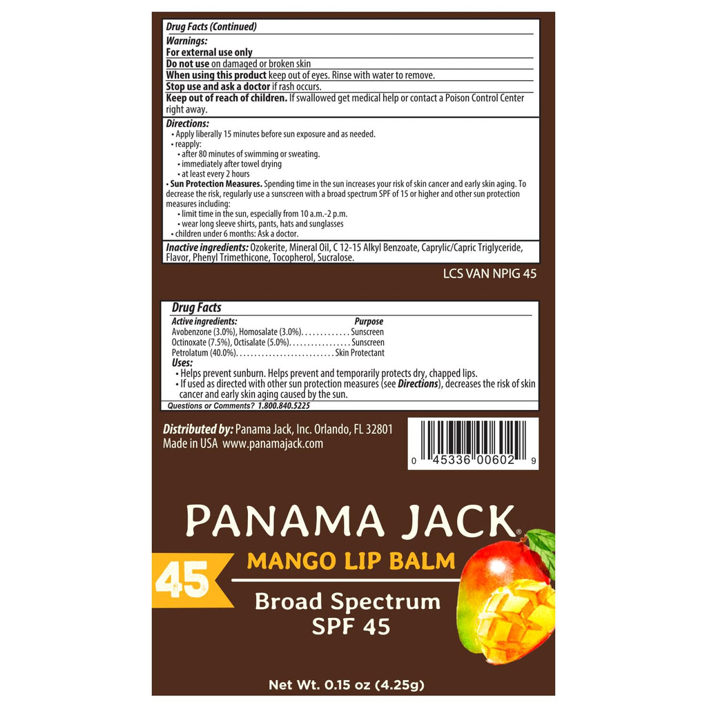 Panama Jack Sunscreen Lip Balm SPF 45 – Mango, 12-Pack | Broad Spectrum UVA/UVB, Non-Waxy & Hydrating